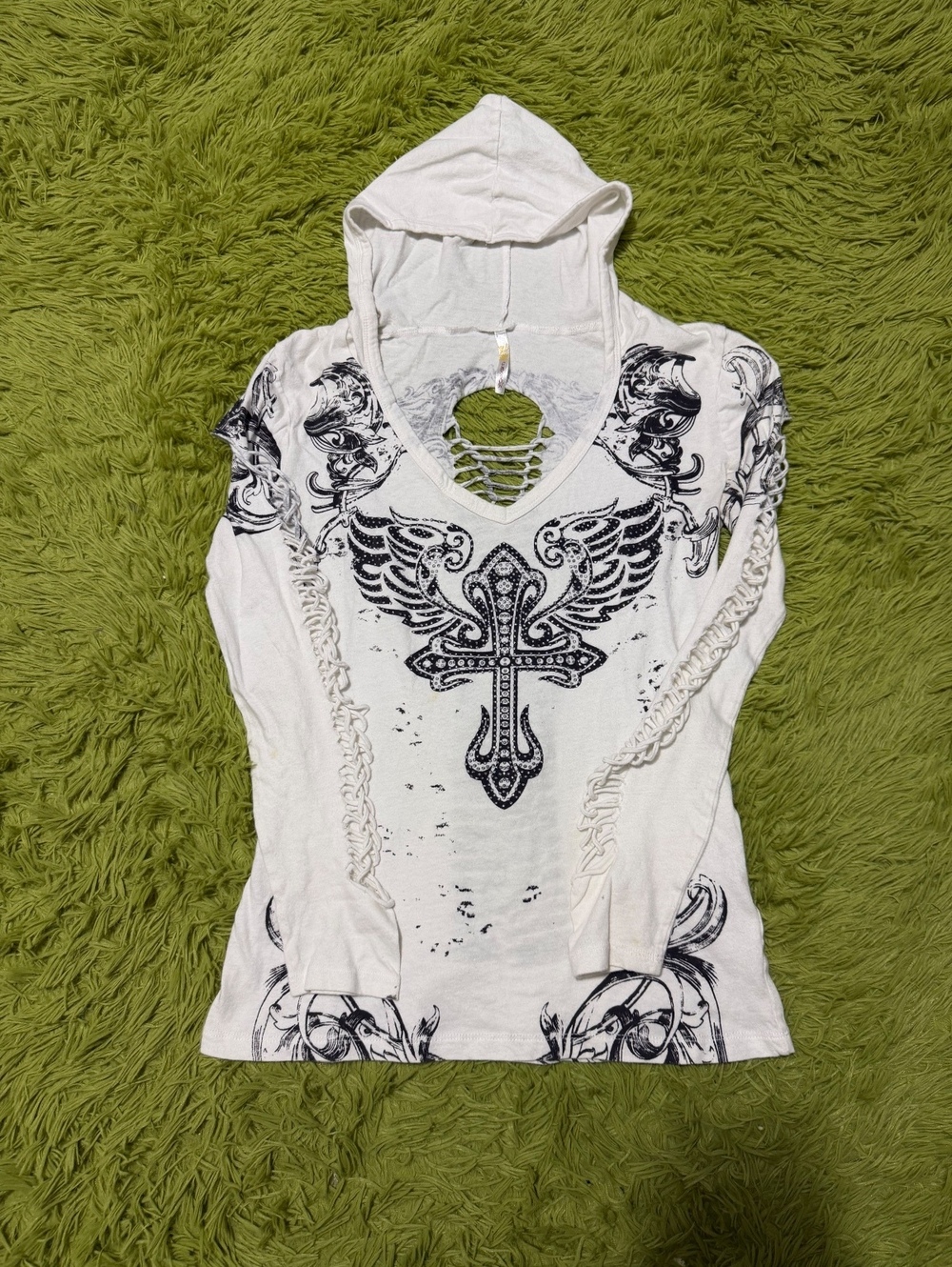 Y2K Goth Winged Cross Graphic Hooded Shirt Women’s Size Large White Rhinestone